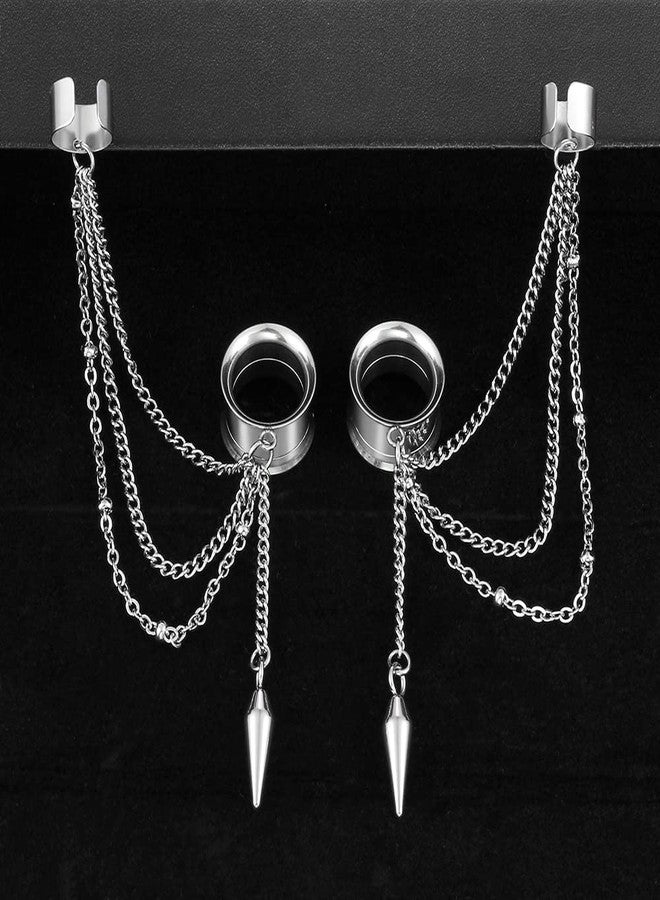 Earblity 2PCS 6mm/2g Silver Trendy Cuff Clip Triple Chain Dangle Ear Plugs Gauges Screw Ear Tunnels for Women Men Hypoallergenic 316 Stainless Steel Ear Body Piercing Jewelry - Image 3